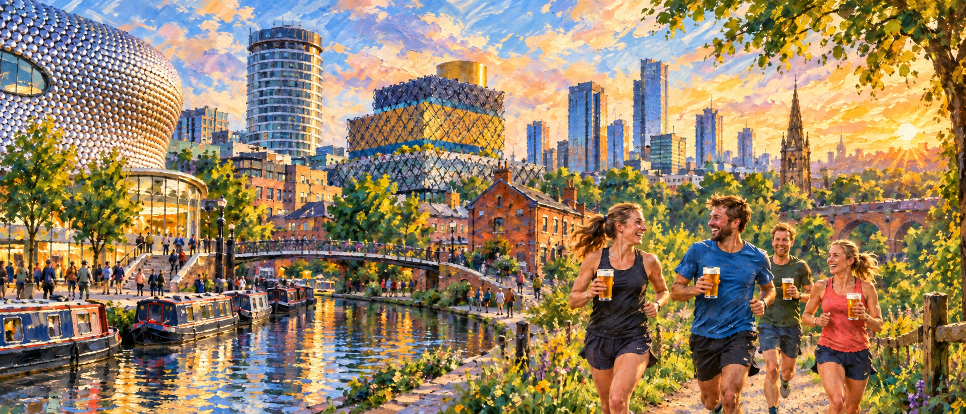 Hash runners beside Birmingham's canals and skyline